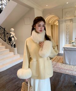 Double-Sided Wool Coat with Fox Fur Cuffs and Collar for Women, Autumn Winter Fashion, Elegant Short Jacket