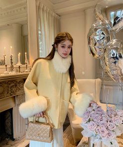 Double-Sided Wool Coat with Fox Fur Cuffs and Collar for Women, Autumn Winter Fashion, Elegant Short Jacket
