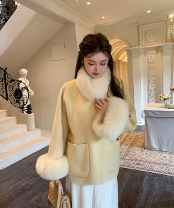 Double-Sided Wool Coat with Fox Fur Cuffs and Collar for Women, Autumn Winter Fashion, Elegant Short Jacket