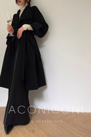Double-Sided Wool Coat with Large Lapels - High-End Quality, Elegant Long Outerwear for Winter, Sea Salt Twilight Color, 90s Inspired Fashion