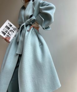 Double-Sided Wool Coat with Large Lapels - High-End Quality, Elegant Long Outerwear for Winter, Sea Salt Twilight Color, 90s Inspired Fashion