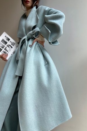 Double-Sided Wool Coat with Large Lapels - High-End Quality, Elegant Long Outerwear for Winter, Sea Salt Twilight Color, 90s Inspired Fashion