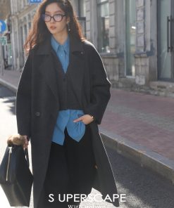 Double-Sided Wool Long Coat with Mulberry Silk, Small Lapel, Leather Buckle Waist Belt - Y2K Inspired Fashion Outerwear