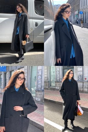 Double-Sided Wool Long Coat with Mulberry Silk, Small Lapel, Leather Buckle Waist Belt - Y2K Inspired Fashion Outerwear