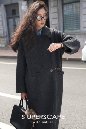 Double-Sided Wool Long Coat with Mulberry Silk, Small Lapel, Leather Buckle Waist Belt - Y2K Inspired Fashion Outerwear