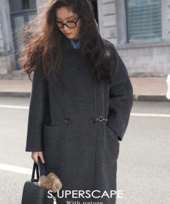 Double-Sided Wool Long Coat with Mulberry Silk, Small Lapel, Leather Buckle Waist Belt - Y2K Inspired Fashion Outerwear