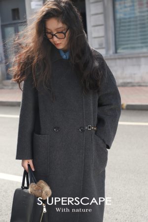 Double-Sided Wool Long Coat with Mulberry Silk, Small Lapel, Leather Buckle Waist Belt - Y2K Inspired Fashion Outerwear