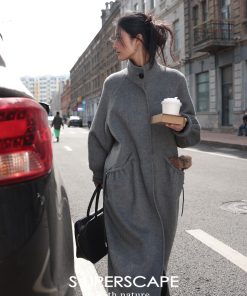 Double-Sided Yak Wool Coat with Puff Sleeves and Drawstring Stand Collar - Chic Plain Design for Y2K and Korean Style Fashion