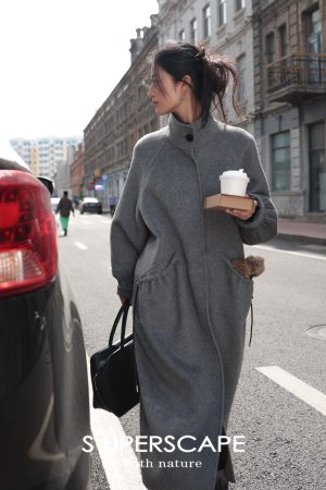 Double-Sided Yak Wool Coat with Puff Sleeves and Drawstring Stand Collar - Chic Plain Design for Y2K and Korean Style Fashion
