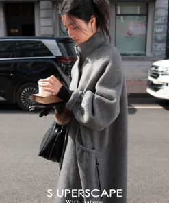 Double-Sided Yak Wool Coat with Puff Sleeves and Drawstring Stand Collar - Chic Plain Design for Y2K and Korean Style Fashion