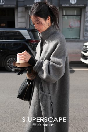 Double-Sided Yak Wool Coat with Puff Sleeves and Drawstring Stand Collar - Chic Plain Design for Y2K and Korean Style Fashion
