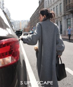 Double-Sided Yak Wool Coat with Puff Sleeves and Drawstring Stand Collar - Chic Plain Design for Y2K and Korean Style Fashion