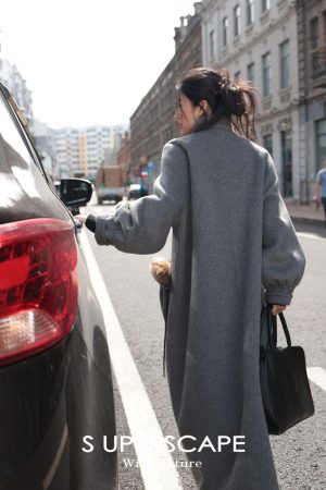 Double-Sided Yak Wool Coat with Puff Sleeves and Drawstring Stand Collar - Chic Plain Design for Y2K and Korean Style Fashion