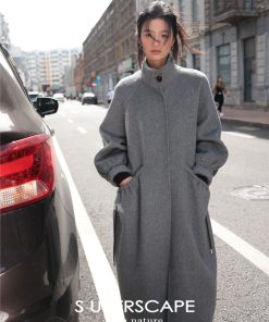 Double-Sided Yak Wool Coat with Puff Sleeves and Drawstring Stand Collar - Chic Plain Design for Y2K and Korean Style Fashion