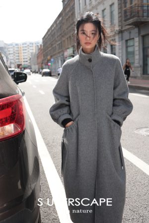 Double-Sided Yak Wool Coat with Puff Sleeves and Drawstring Stand Collar - Chic Plain Design for Y2K and Korean Style Fashion