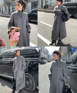 Double-Sided Yak Wool Coat with Puff Sleeves and Drawstring Stand Collar - Chic Plain Design for Y2K and Korean Style Fashion