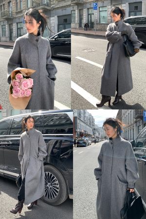 Double-Sided Yak Wool Coat with Puff Sleeves and Drawstring Stand Collar - Chic Plain Design for Y2K and Korean Style Fashion