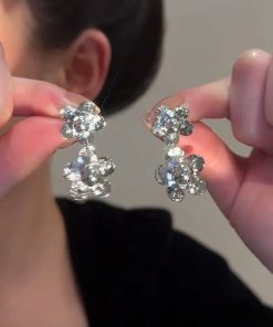 Double Silver Five-Pointed Star Metal Flower Earrings for Slim Face – High-End Women's Accessories, Trendy Fashion Jewelry
