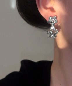 Double Silver Five-Pointed Star Metal Flower Earrings for Slim Face – High-End Women's Accessories, Trendy Fashion Jewelry