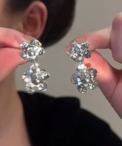 Double Silver Five-Pointed Star Metal Flower Earrings for Slim Face â€“ High-End Women's Accessories, Trendy Fashion Jewelry