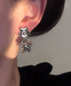 Double Silver Five-Pointed Star Metal Flower Earrings for Slim Face – High-End Women's Accessories, Trendy Fashion Jewelry