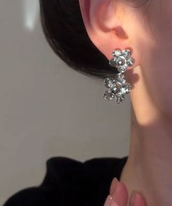 Double Silver Five-Pointed Star Metal Flower Earrings for Slim Face – High-End Women's Accessories, Trendy Fashion Jewelry