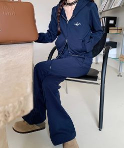 Double Zipper Heated Hoodie Jacket Set with Low Waist Short Skirt - Sexy Navy Blue Autumn Winter Fashion for Girls