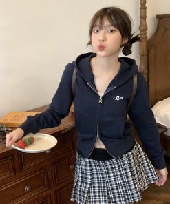 Double Zipper Heated Hoodie Jacket Set with Low Waist Short Skirt - Sexy Navy Blue Autumn Winter Fashion for Girls