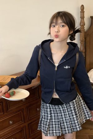 Double Zipper Heated Hoodie Jacket Set with Low Waist Short Skirt - Sexy Navy Blue Autumn Winter Fashion for Girls