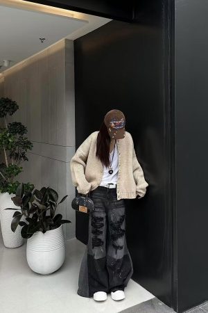 Dove Gray Knitted Cardigan for Women, Pumpkin Star Style Loose Sweater, French Fashion for Autumn and Winter, Cozy 90s Inspired Knitwear