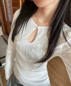 Downtown Clothes Aesthetic, Fashion Girl Outfits - Floral Embroidered Mesh Top