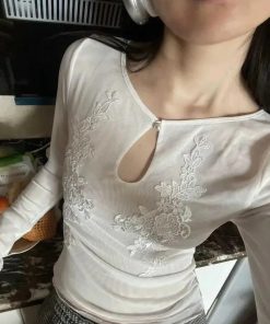 Downtown Clothes Aesthetic, Fashion Girl Outfits - Floral Embroidered Mesh Top