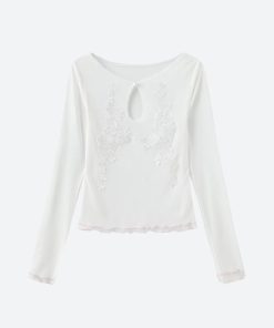 Downtown Clothes Aesthetic, Fashion Girl Outfits - Floral Embroidered Mesh Top
