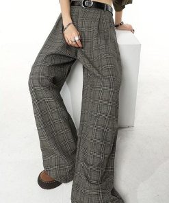 Downtown Clothes Aesthetic, Stockholm Fashion - Dark Academia Wide Leg Plaid Pants