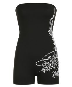 Dragon Print Strapless Bodysuit - Tight-Fitting Sleeveless One-Piece Shorts for Sports - European American Style Fashion