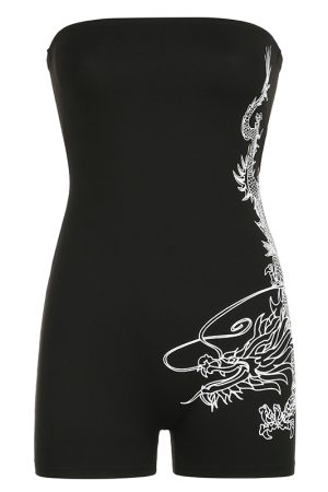 Dragon Print Strapless Bodysuit - Tight-Fitting Sleeveless One-Piece Shorts for Sports - European American Style Fashion