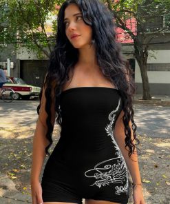 Dragon Print Strapless Bodysuit - Tight-Fitting Sleeveless One-Piece Shorts for Sports - European American Style Fashion