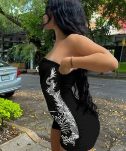 Dragon Print Strapless Bodysuit - Tight-Fitting Sleeveless One-Piece Shorts for Sports - European American Style Fashion