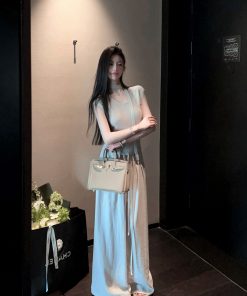 Draped Gray High-Waisted Wide-Leg Pants for Women - Casual Loose Fit Drawstring Trousers for Summer Fashion