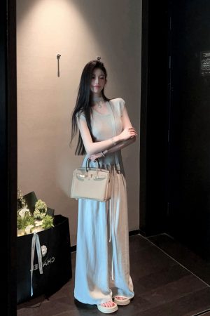 Draped Gray High-Waisted Wide-Leg Pants for Women - Casual Loose Fit Drawstring Trousers for Summer Fashion