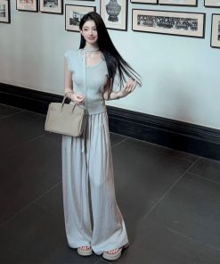 Draped Gray High-Waisted Wide-Leg Pants for Women - Casual Loose Fit Drawstring Trousers for Summer Fashion