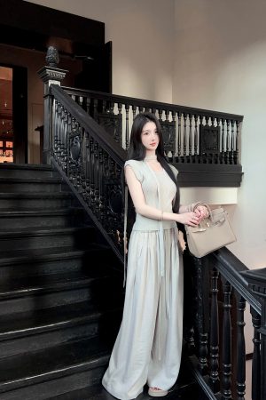 Draped Gray High-Waisted Wide-Leg Pants for Women - Casual Loose Fit Drawstring Trousers for Summer Fashion