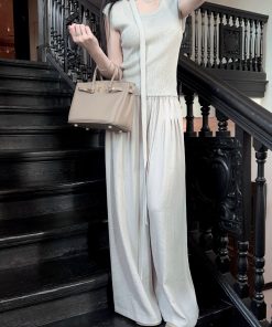 Draped Gray High-Waisted Wide-Leg Pants for Women - Casual Loose Fit Drawstring Trousers for Summer Fashion