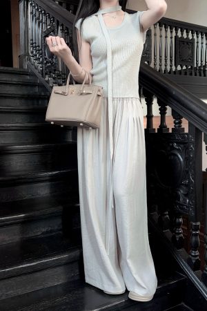 Draped Gray High-Waisted Wide-Leg Pants for Women - Casual Loose Fit Drawstring Trousers for Summer Fashion
