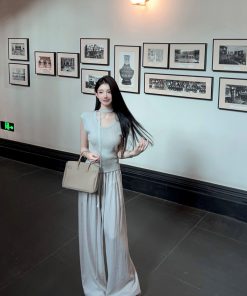 Draped Gray High-Waisted Wide-Leg Pants for Women - Casual Loose Fit Drawstring Trousers for Summer Fashion