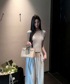Draped Gray High-Waisted Wide-Leg Pants for Women - Casual Loose Fit Drawstring Trousers for Summer Fashion