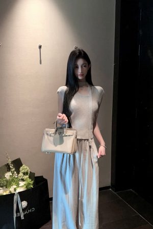 Draped Gray High-Waisted Wide-Leg Pants for Women - Casual Loose Fit Drawstring Trousers for Summer Fashion