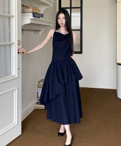 Draped Off-Shoulder Moonlit Blue Cotton Dress for Summer | Understated Daily Style | Perfect for 90s and Y2K Fashion Lovers