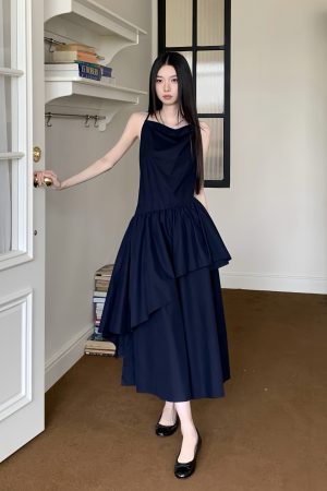 Draped Off-Shoulder Moonlit Blue Cotton Dress for Summer | Understated Daily Style | Perfect for 90s and Y2K Fashion Lovers