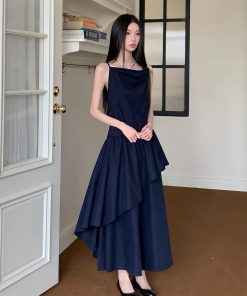Draped Off-Shoulder Moonlit Blue Cotton Dress for Summer | Understated Daily Style | Perfect for 90s and Y2K Fashion Lovers